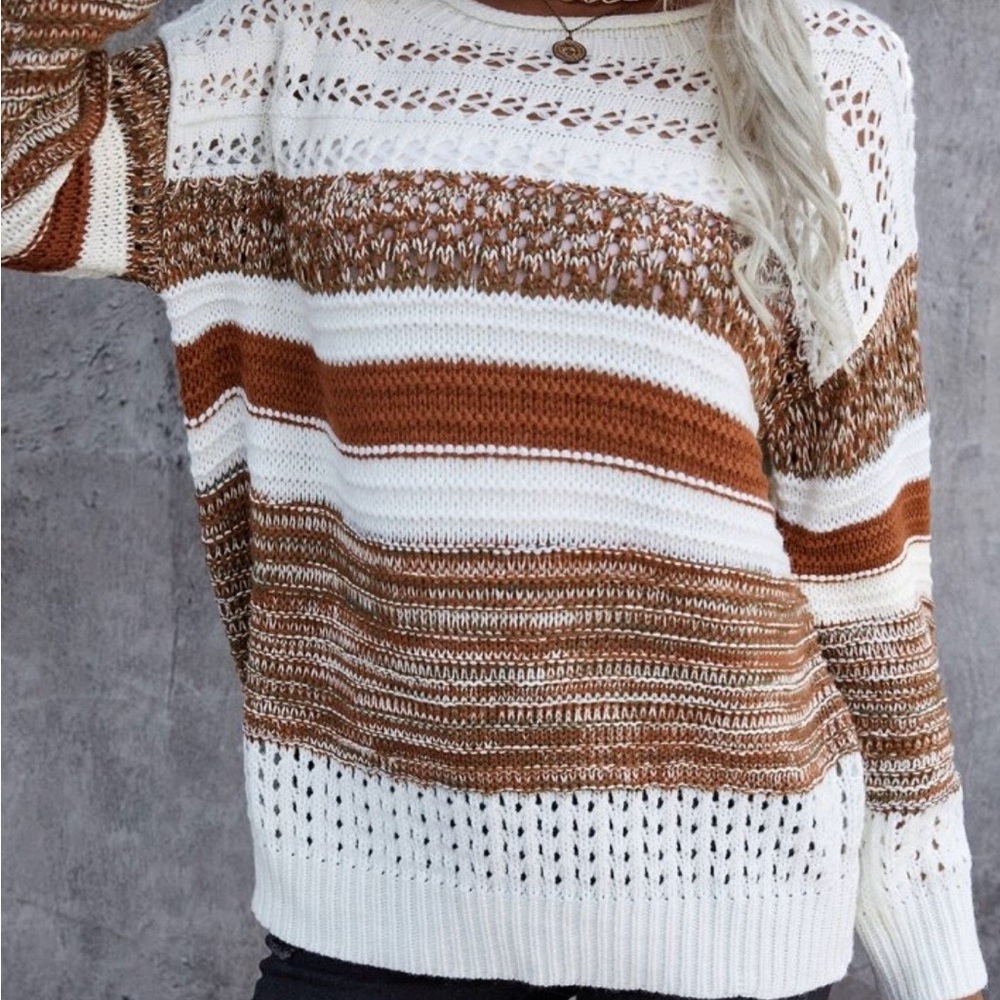 Women's Striped Knit Sweater - Brown and White